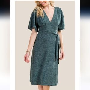 Alya Francesca Wrap Dress Green V Neck Short Bell Sleeve Dress